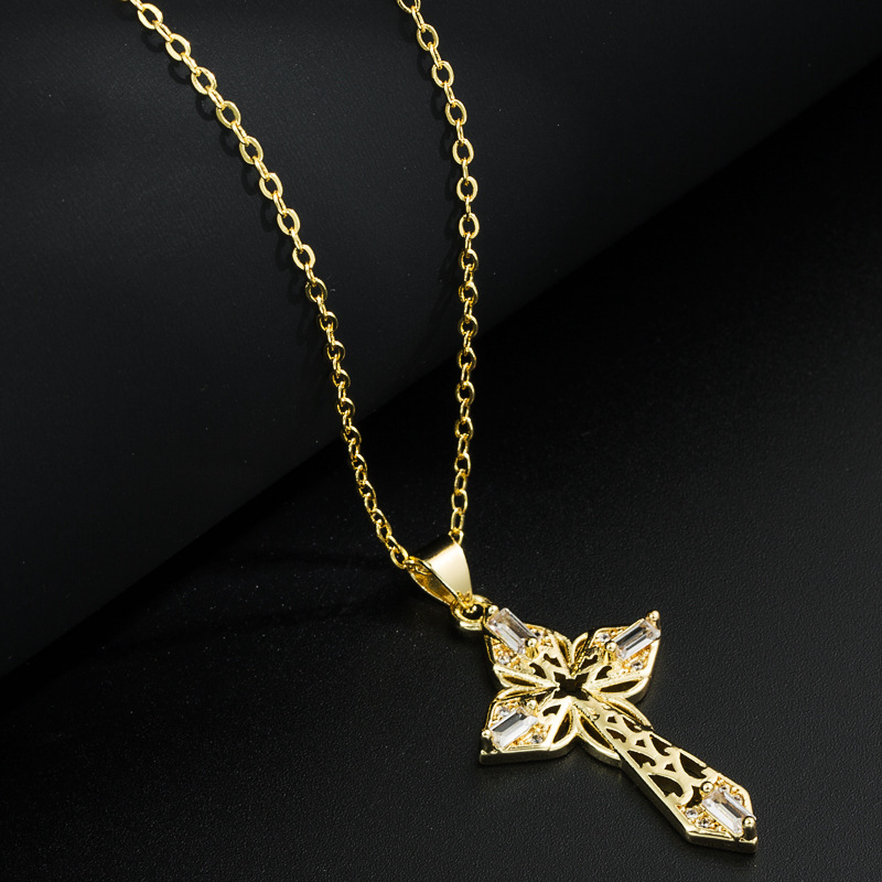 Fashion Copper-Plated Gold Micro Inlaid Zircon Pendant Cross Necklace
