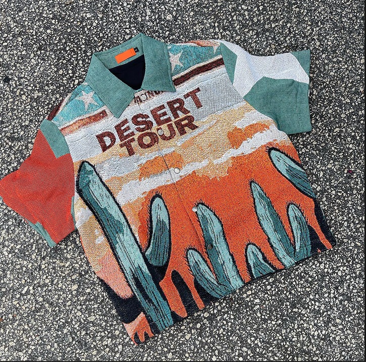 American Retro Desert Cactus Print Short-Sleeved Shirt, Unisex High Street Style Loose Cardigan Top American Retro Desert Cactus Print Short-Sleeved Shirt, Unisex High Street Style Loose Cardigan Top