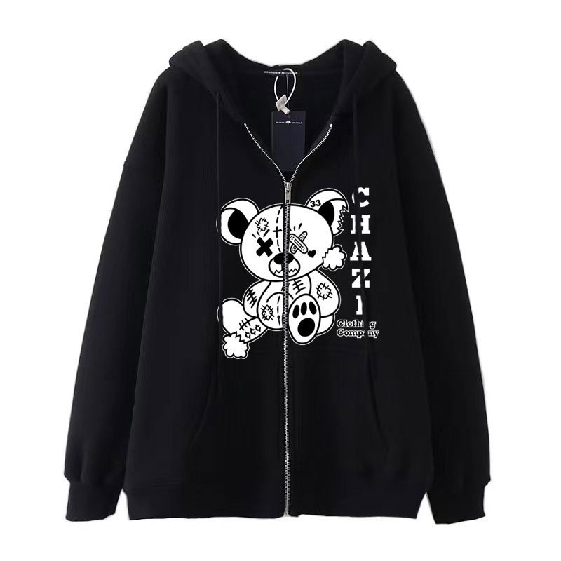 European and American dark sweatshirt men's and women's hoodie Gothic couple Harajuku large size bear printed zipper sweater