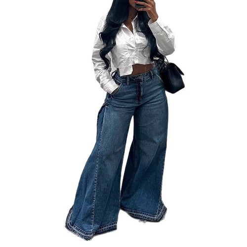 European and American cross-border American vintage imported wide-leg pants with patchwork design, trendy blue washed denim trousers, loose-fitting long pants