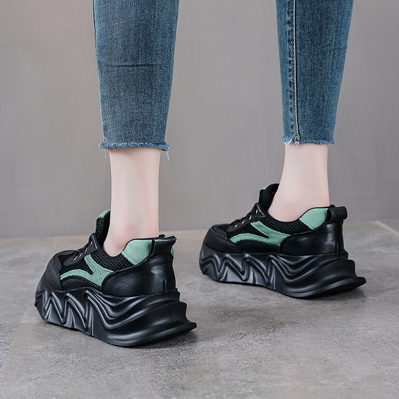 Giày sneaker chunky đế dày da bò cho nữ phối màu cổ điển — Màu đen