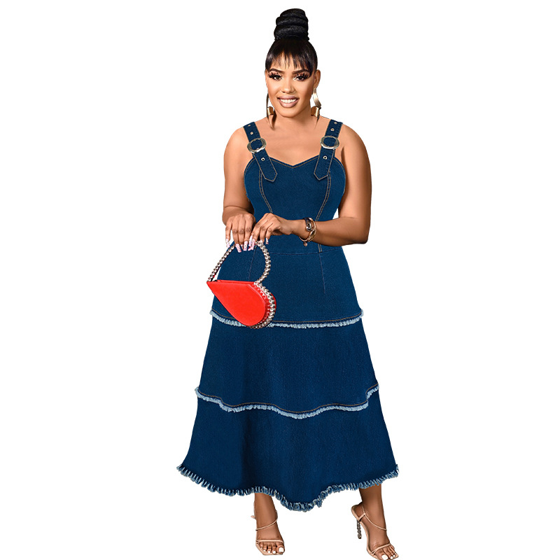 Plus Size Denim Maxikleid Mit Fransen Boho A-linien Kleid_voghion.com