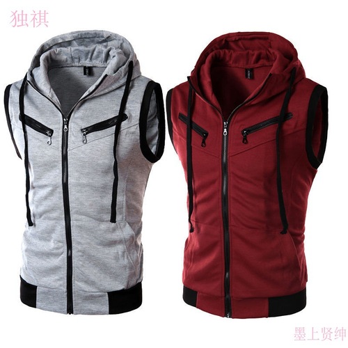 Slim-fit knitted vest, sleeveless hooded sweatshirt for men, student-style zip-up hoodie with a shoulder-cut design—perfect for summer.