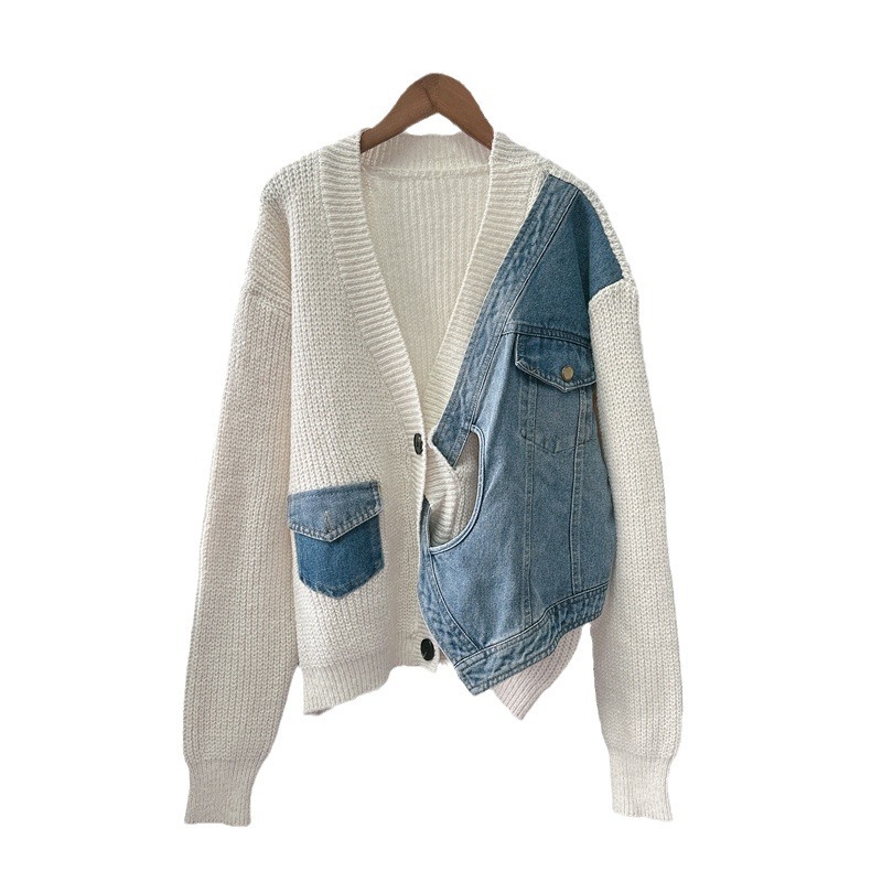 Veste pull en denim patchwork de niche pour vêtements pour femmes_voghion.com