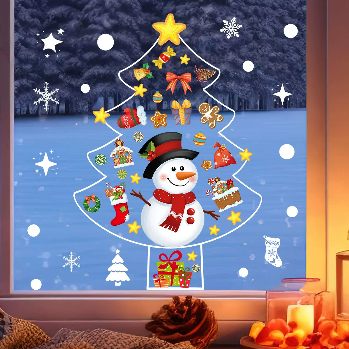 多种创意冬日雪人圣诞老人礼物窗户双面可视墙贴静电玻璃贴
