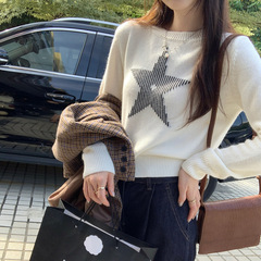 早秋慵懒五角星印花圆领套头毛衣女秋季新款宽松长袖针织衫上衣