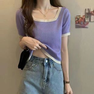 Plus Size Women's Ribbed New Color-Blocking Versatile Slim-Fit Square-Neck Short-Sleeve T-Shirt Fashion Trendy Top