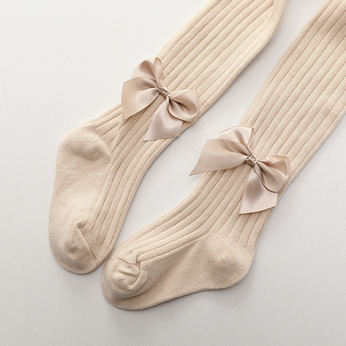 Baby white footie socks with bow, thin spring/autumn leggings for girls and toddlers, footed undershirts for children