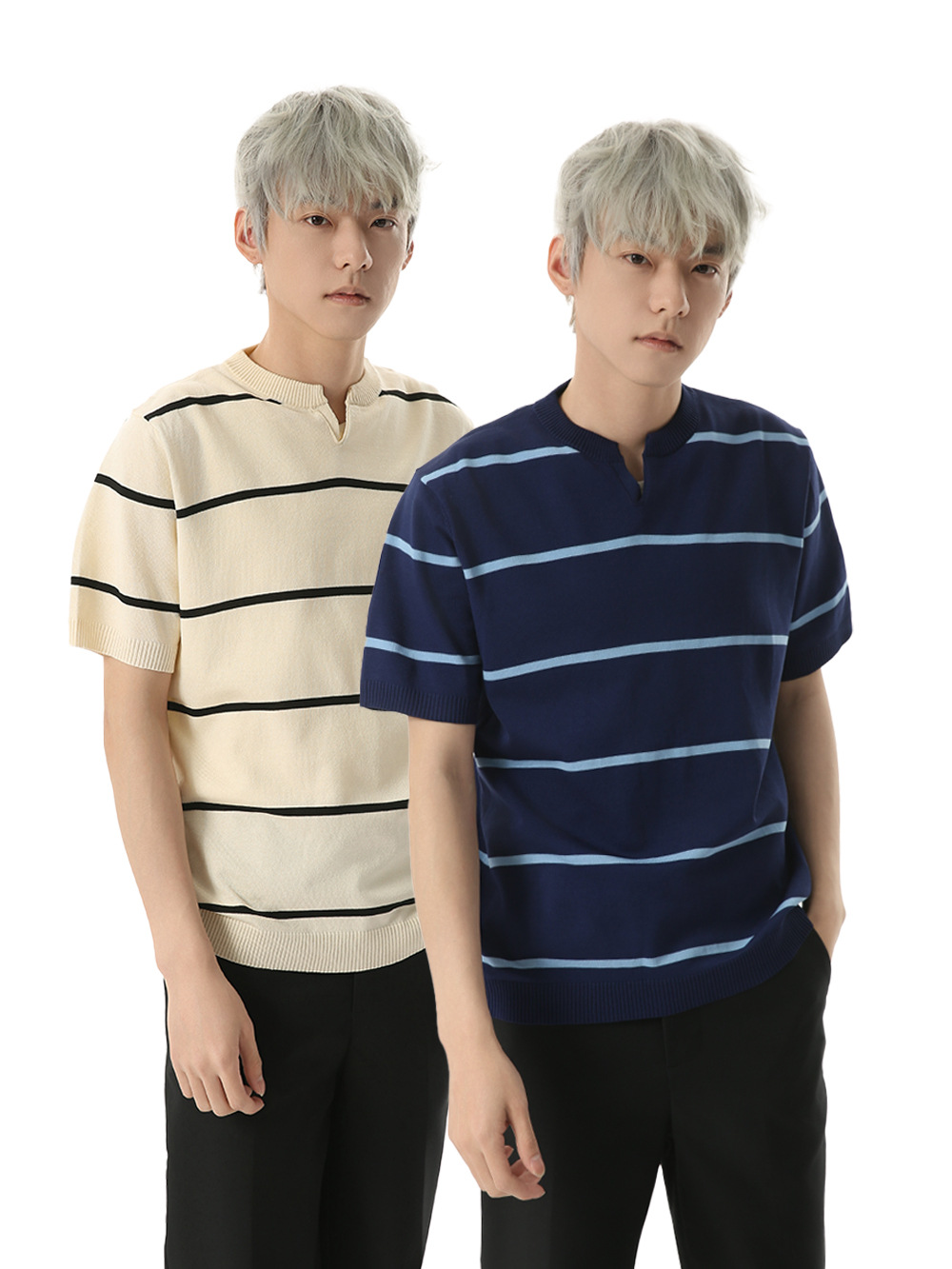 MTLCLOTHES Hombres| Retro japonés V-collar rayas de color contrastante jersey camisa de manga corta universal de viaje diario