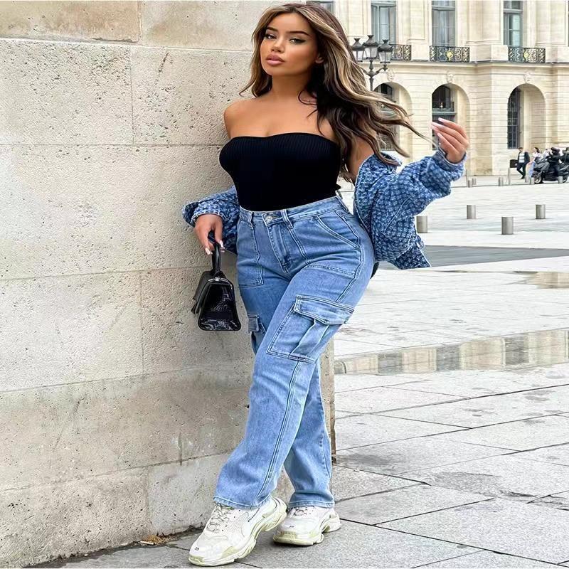 Pantalones vaqueros de trabajo de talle alto para mujer, con múltiples bolsillos y pierna recta, ideales para ocasiones informales y laborales._voghion.com