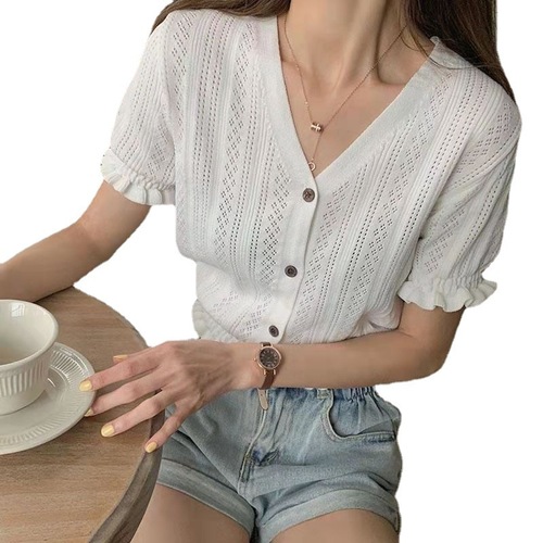 Chic Sexy V-Neck Summer Mesh Hollowed Bust-Baring Ice Silk Short-Sleeve High-Waist Knit Top Women's T-Shirt