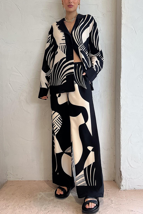 Daily, Street Occasion Turndown Neckline Comfort Function Daily Street Women's Casual Geometric Polyester Printing Pocket Pant Co-ord Set Pants Sets