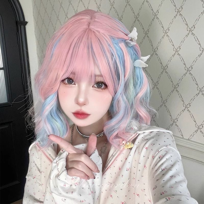 Wig Female Pink Short Hair Rainbow Mixed Color Lolita Dopamine Jk Ear Hanging Dyed Water Ripple Short Curly Hair Full Headgear