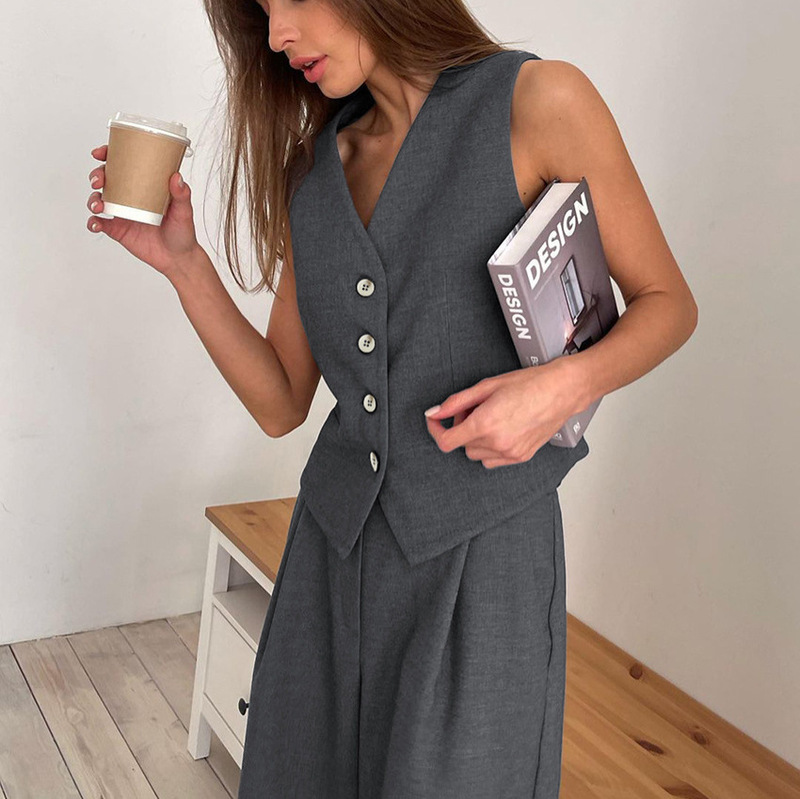 Aliexpress Hot Normcore Style Two-Piece Set European and American Workplace Work Clothing Sleeveless V Neck Vest Suit Pants Suit for Women