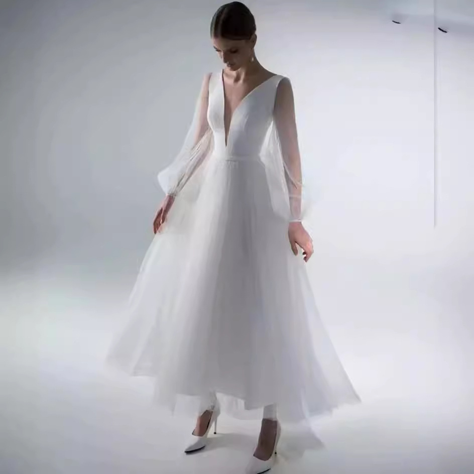 Comercio exterior europeo y americano Amazon AliExpress deseo nuevo profundo V burbuja malla manga larga MIDI vestido de novia
