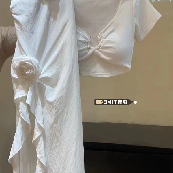 Hot Girl Pure Desire Hollow-Out T-Shirt Crop Top Set for Women, Summer High-Waisted Irregular Floral Slit Skirt
