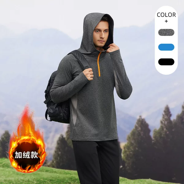 Men's Autumn and Winter Half-Zip Hooded Running Top Fleece-Lined Warm Long-Sleeved Outdoor Sports Training Fitness Clothing