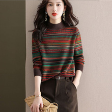 奥特莱斯清仓外贸剪标尾货半高领复古提花毛衣洋气条纹针织打底衫
