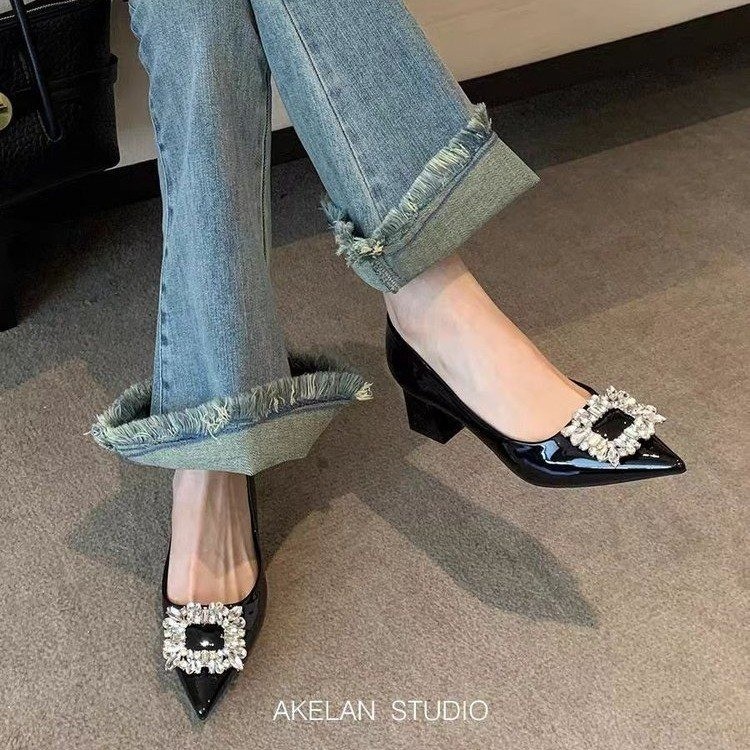 Pointed Toe Rhinestone Pumps With Chunky Mid Heel For Women_voghion.com