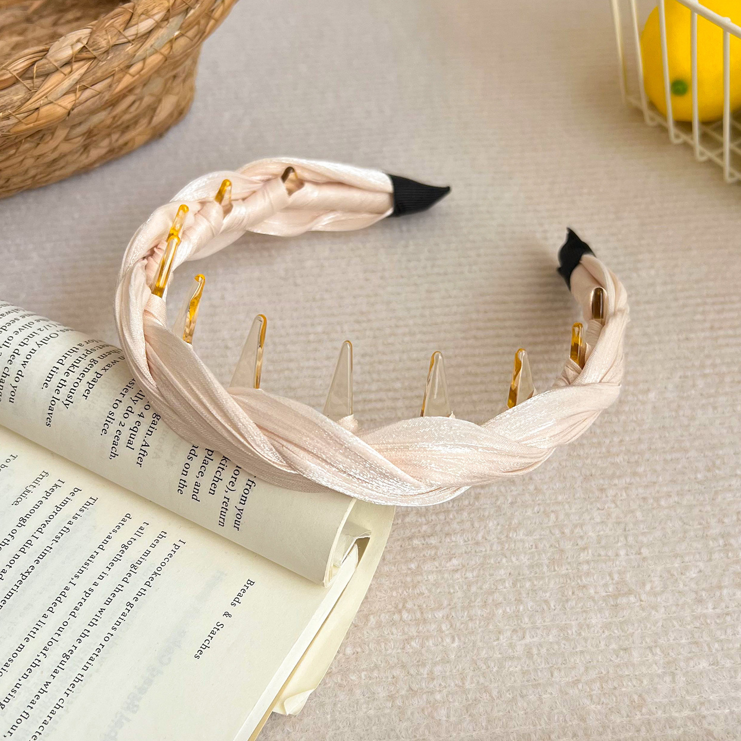 Beige pearlescent yarn twist headband