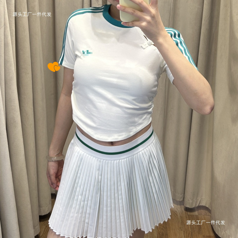 Cross-Border Clover New Chinese Style Summer Slim-Fit Pure Cotton Cropped Ruched Sports Short-Sleeve Tang Suit T-Shirt for Women, White