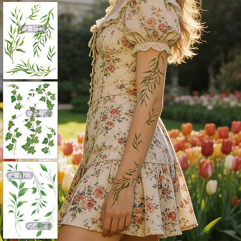 Cross-Border New Style Fresh Green Plant Leaf Vine Tattoo Sticker Waterproof Long-Lasting Realistic Temporary Tattoo