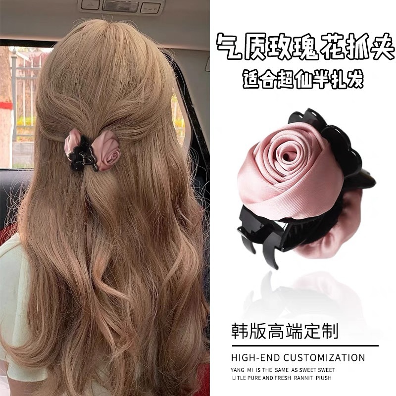墨爾本玫瑰 氛圍感法式復古緞面花朵抓夾高級感ins後腦發抓鯊魚夾