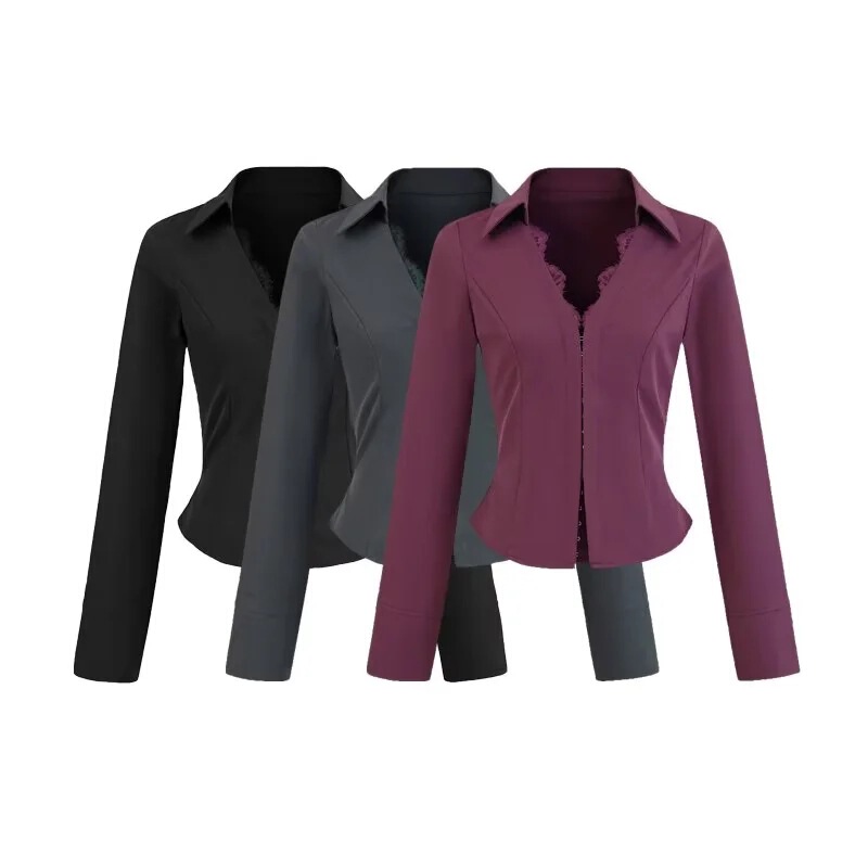 Royal Sister Style Lapel Lace Splicing Long-Sleeved Shirt for Women Niche Retro Waist Hot Girl Simple Hot Girl Top