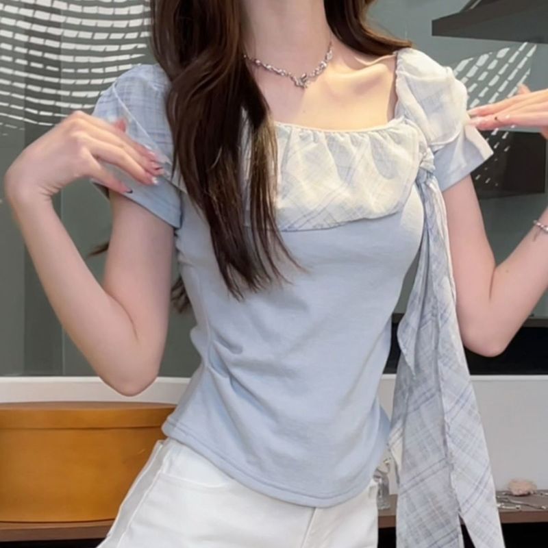 不规则纯欲气质收腰显瘦荷叶边系带夏季露肩格子甜美短袖拼接上衣|undefined