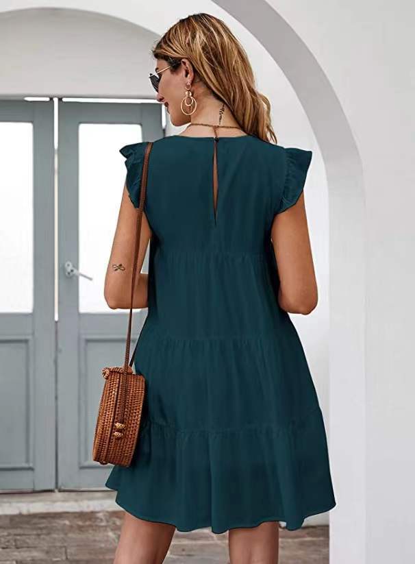 Solid Color round Neck Short Sleeves Tiered Dress in Dresses