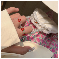 甜美小清新秋新款潮ins串珠彈力可調節戒指環女 手工編織花朵戒指