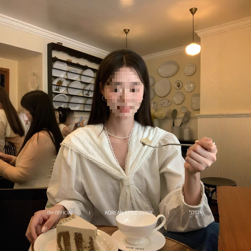 Dh Official Big Flower [Daytime Fantasist] Lyocell Shirt French Lace Navy Collar