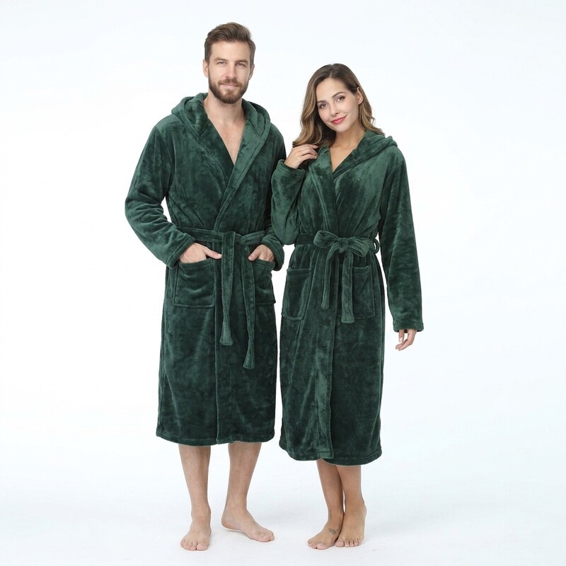 Amazon Cross-Border European and American Autumn and Winter Thickened Flannel Couple's Bathrobe, Extended Length, Tie-Waist, Solid Color, Hooded Bathrobe Amazon Cross-Border European and American Autumn and Winter Thickened Flannel Couple's Bathrobe, Extended Length, Tie-Waist, Solid Color, Hooded Bathrobe