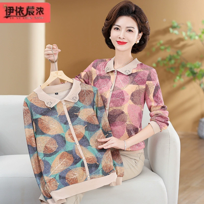 Весенняя женская рубашка с длинными рукавами и лацканами, одежда для матери, оптовая продажа, тонкий эластичный пуловер с принтом для 50-летних женщин среднего и пожилого возраста
