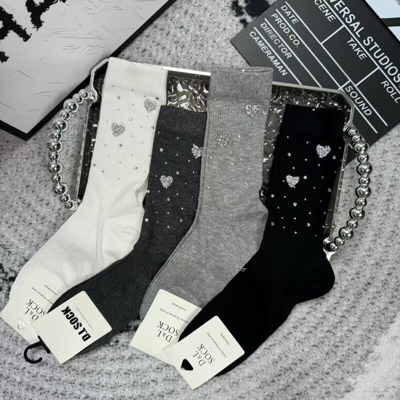 Spring and Summer High Stockings European Korean Style Light Luxury All-match Fashion Explosive Hot Drilling Heavy Industry high quality Cotton Stockings Jewelry Socks
