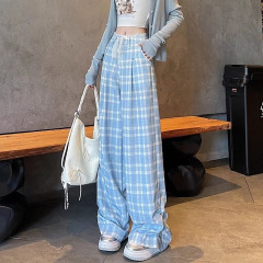 ブルーチェック柄レトロワイドレッグパンツ女性のための 2025 春夏新スタイル怠惰なルーズ超見栄えの良いレースフロアモップパンツ