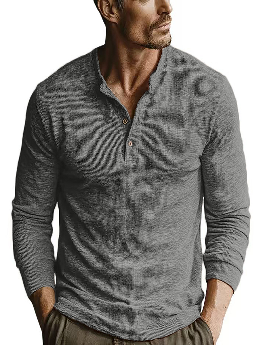 Camiseta de cuello redondo casual para hombres musculosos locos camisa Henry para hombres delgados, mangas largas sólidas y blusas para hombres transfronterizas image 2