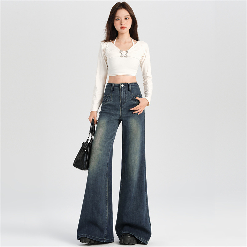 Vintage Hong Kong Style Horn Jeans Women's Autumn 2024 New Style Small High Waist Slimming Stretch Horseshoe Mop Pants