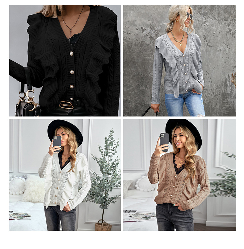 women s  v-neck  single-breasted ruffle stitching knitted sweater nihaostyles wholesale clothing NSSI79461