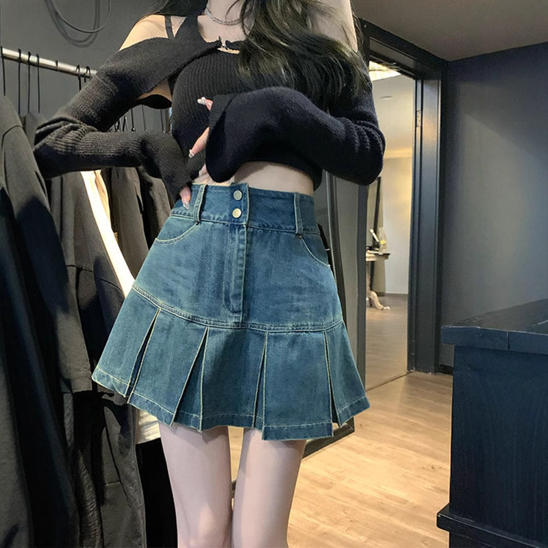 High Waist Black Pleated Denim Skirt Women's Autumn Girl Belly-Covering Slimming Pear-Shaped Vintage A- Line Skirt