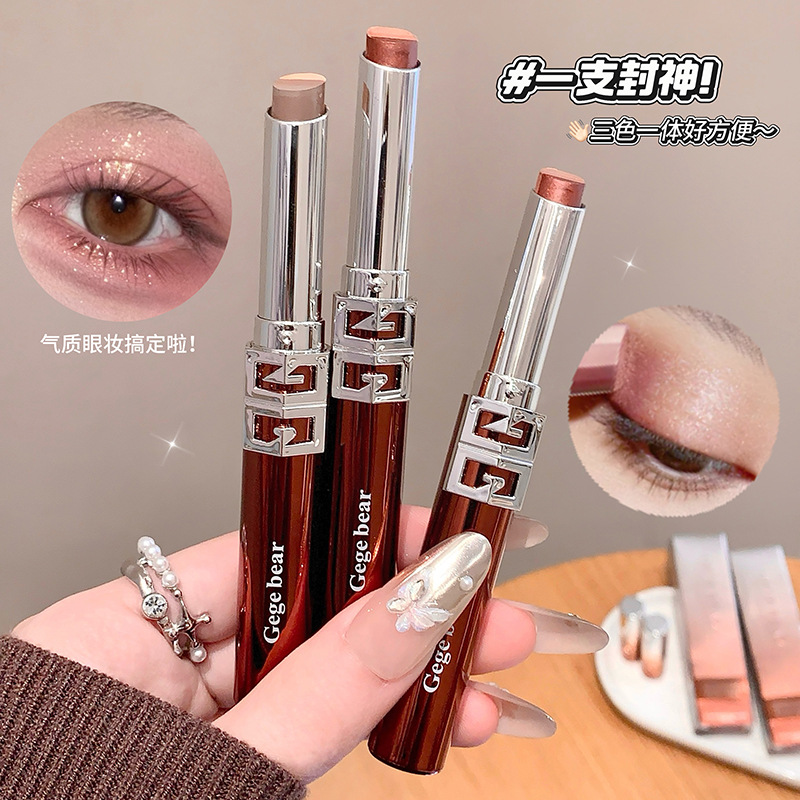 Gege Bear Star River Gold Diamond Eye Shadow Tricolor, crema de seda fina, color de tierra, eye stick, maquillaje transfronterizo