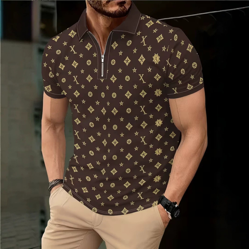 Men's Black and Gray Honeycomb Camouflage American Flag 3D Digital Print Casual Lapel Button Short-Sleeved Polo Shirt Men's Clothing