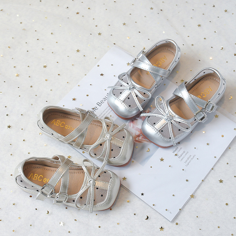 Niñas Zapatos de malla de punto de onda 2026 verano nuevos zapatos de ballet para niños zapatos de princesa arco zapatos de cuero image 5