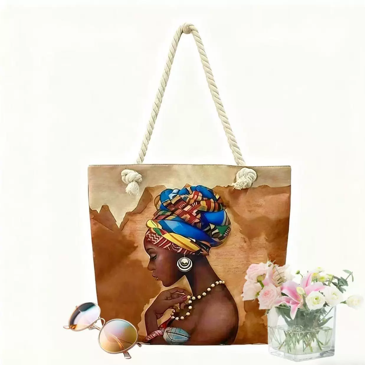 TEMU跨境风百搭托特包 女式便携购物袋 创意女人印花粗绳沙滩女包