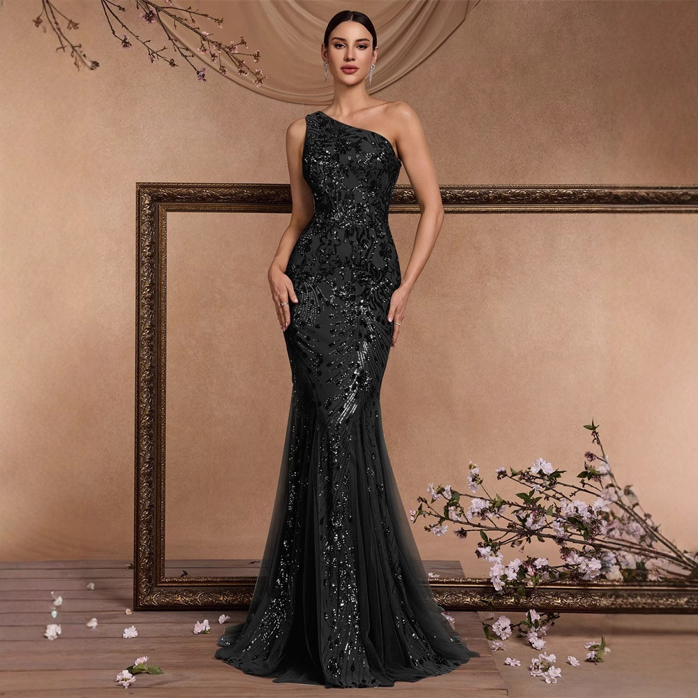 European and American Long Elegant Slanted Shoulder Elegant Cocktail Party Dinner Dress Luxury Slit Bridesmaid Graduation Dress Dress