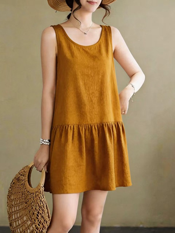 Summer Fashion Round-Neck Pleated Cotton Silk Sleeveless Vest for Women, Loose and Versatile, Slimming Solid Color Mid-Length Vest Dress