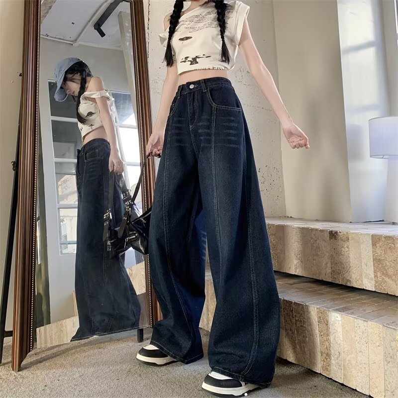 跨境美式复古弯刀牛仔裤男女款字母刺绣夏季宽松休闲潮牌阔腿长裤|undefined