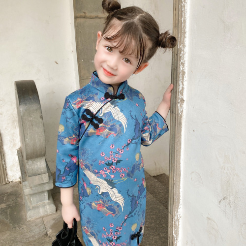 kids baby blue printed chinese dresses cheongsam qipao for girls hanfu long sleeve deerskin flocking children model show photos perform China ancient folk costumes