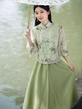 夏季新款女装2024印花中式复古日常出行宽松印花立领短袖衬衫