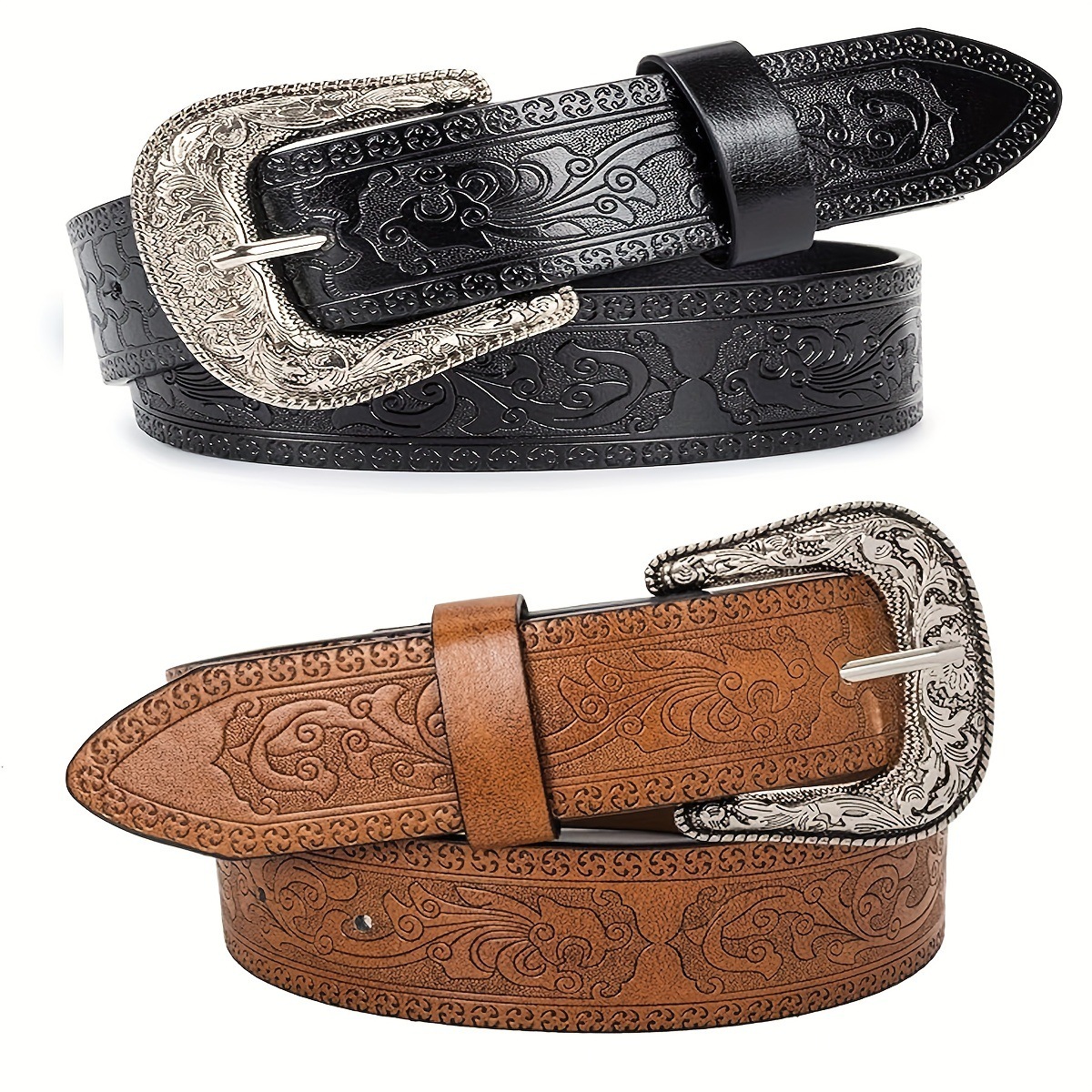 跨境男女士潮流复古腰带唐草针扣西部牛仔皮带工厂现货批发束腰